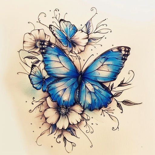Realistic blue butterfly among delicate flowers