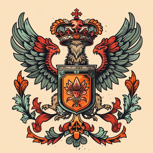 Bold and vibrant clipart style flat tattoo sketch of a family crest