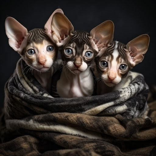 Kittens playing with cornish rex cat
