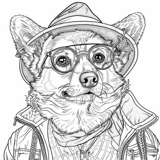 Whimsical corgi in hat and glasses