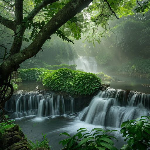 Serene waterfall with lush green foliage