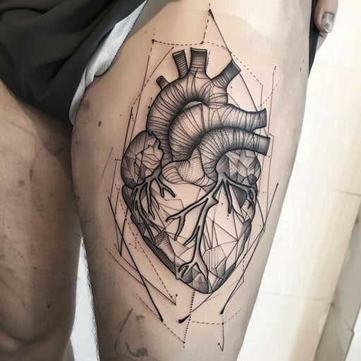 Abstract interpretation of an anatomical heart tattoo using fragmented geometric shapes, on a white background.
