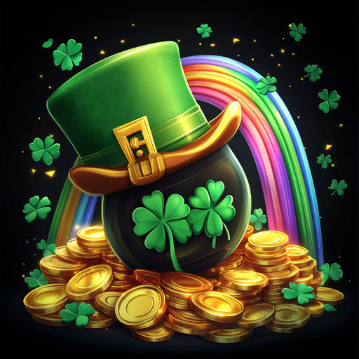 Shamrocks, pot of gold, and rainbow, cartoon-style slot game