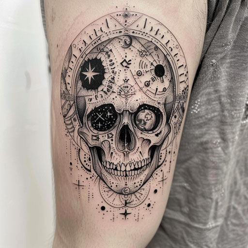Mystical skull tattoo with alchemical symbols