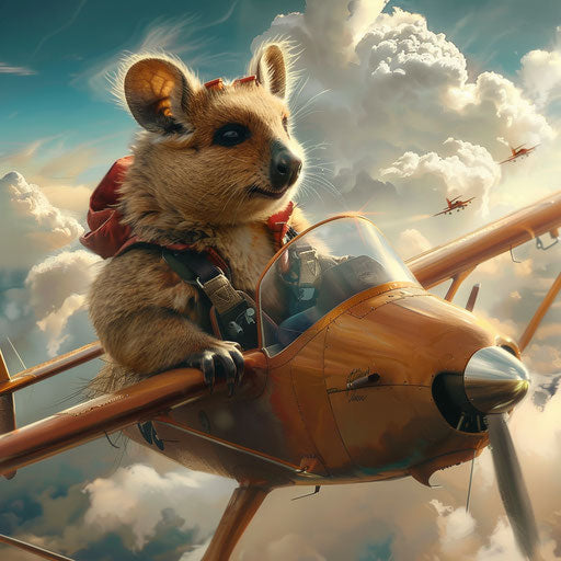 A quokka pilots a plane through a sky filled with clouds