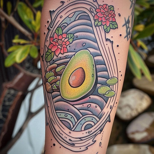 Tranquil flat tattoo sketch of an avocado in a zen garden with neon stones and ripples