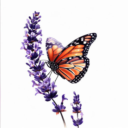 Realistic monarch butterfly landing on a lavender flower