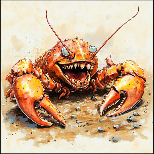 Humorous caricature of a lobster caricature with human characteristics, exaggerated chubby cheeks, thin arms, lying on the ground, vibrant colors, cartoon style, laughing, high-resolution, no background, isolated -c 40