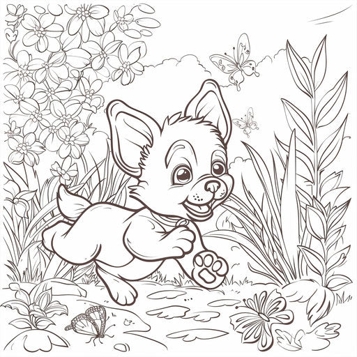 Playful puppy chasing butterflies in a garden