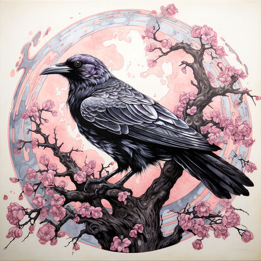 A black and white raven tattoo in traditional Japanese art