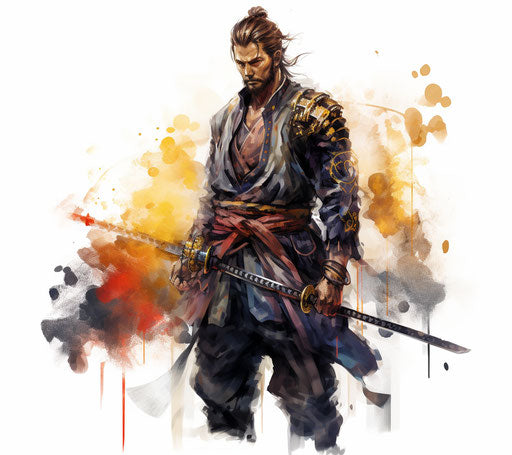 Warrior standing, holding sword, colorful drawings, disfigured forms