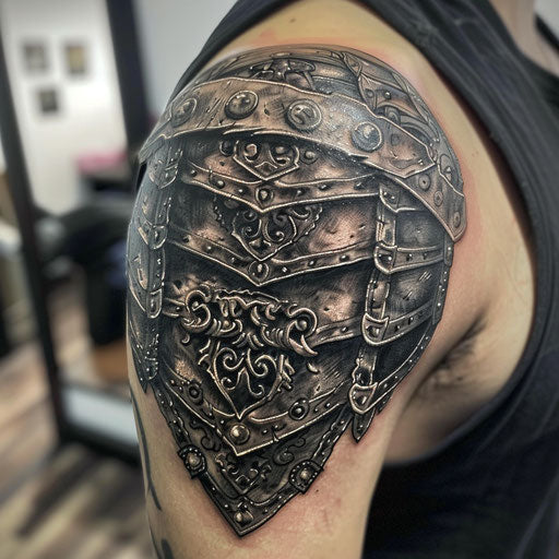 Detailed medieval armor armband tattoo on the upper arm