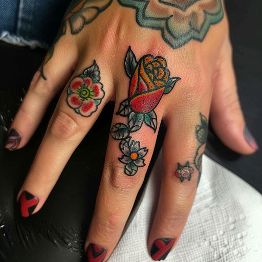 Finger tattoo of traditional hearts and roses