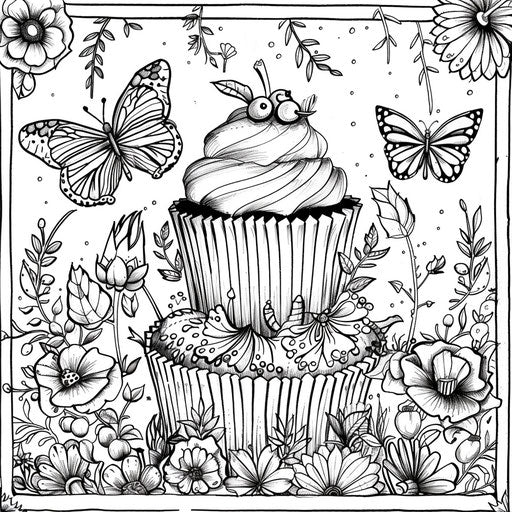 Cupcake in an enchanted garden coloring page