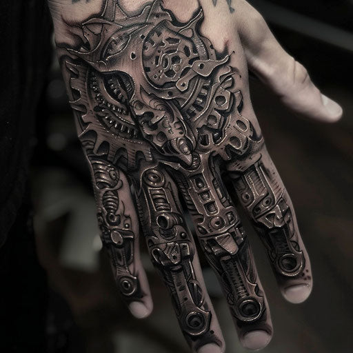 Men's hand tattoo with intricate mechanical gears