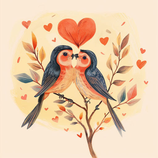 Birds snuggling on a branch with heart-shaped leaves