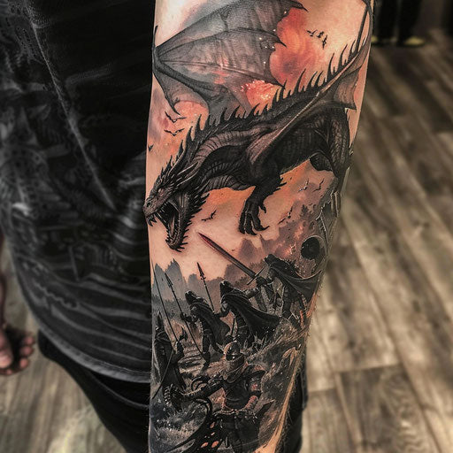 Arm tattoo depicting epic fantasy battles