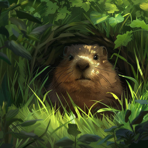 A groundhog emerging from its burrow in a lush meadow