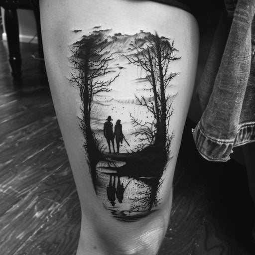 Dark and surreal landscape with two figures