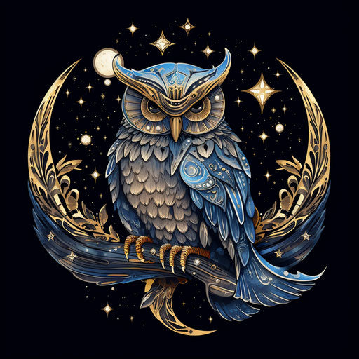 Owl on the crescent with stars and patterns