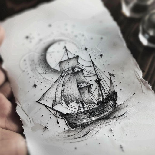 Traditional tattoo of a boat under a starry moonlit sky