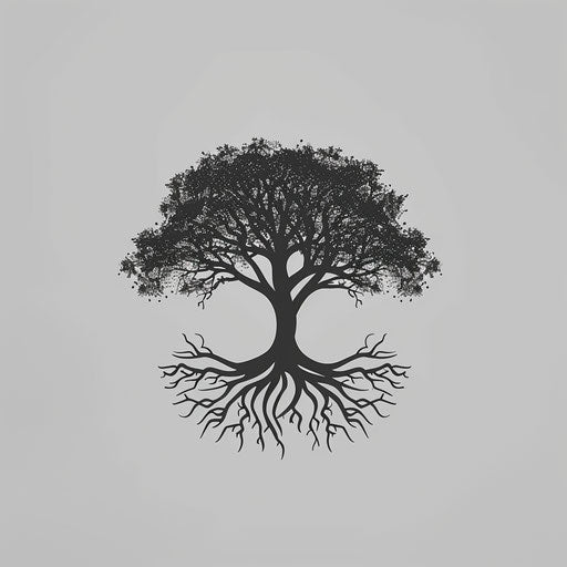 Detailed tree silhouette with intricate roots and name space