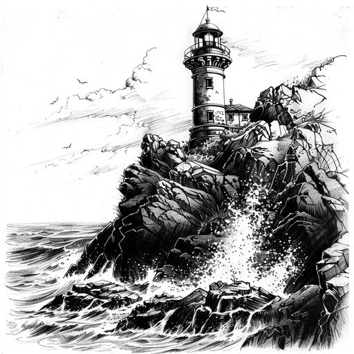 Sketch of lighthouse on rocky cliff, crashing waves below