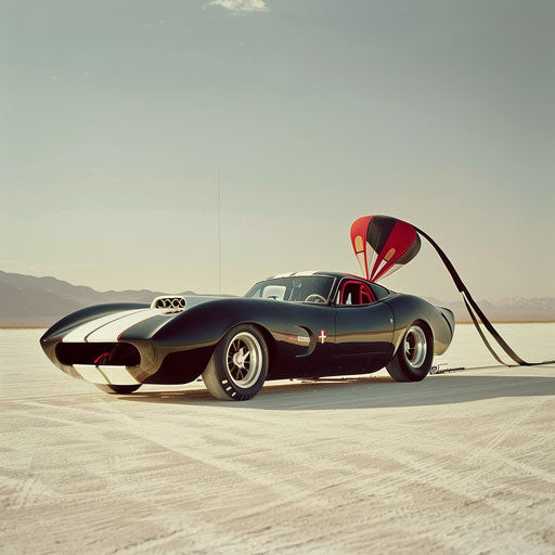 Shelby Daytona dragster with a long front nose and a parachute at the back, ready for a drag race