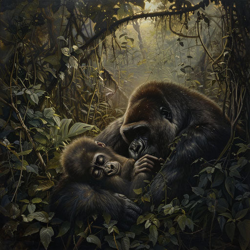 Western gorilla cradling newborn in rainforest underbrush at dawn