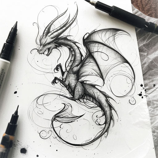 Flat tattoo sketch of a black dragon with a mystic aura
