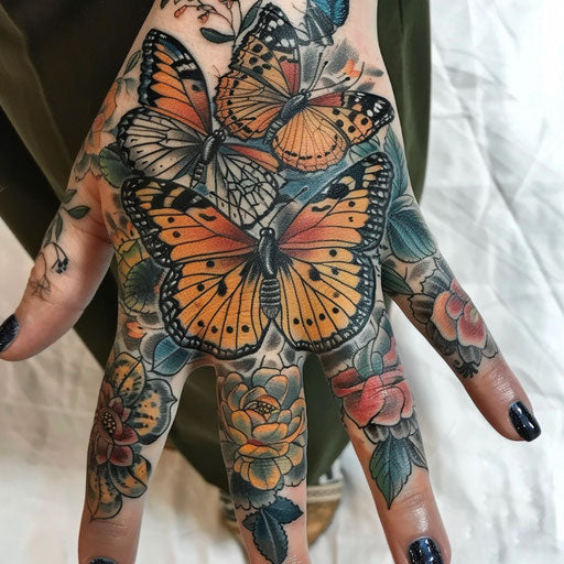 Butterfly tattoo designs in a garden, Merian style