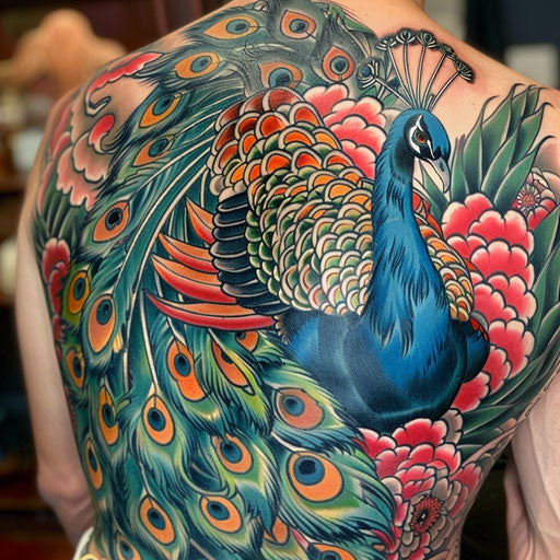 Traditional Japanese peacock tattoo, rich in color