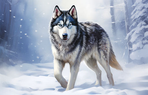 Husky dog in dark and colorful snow