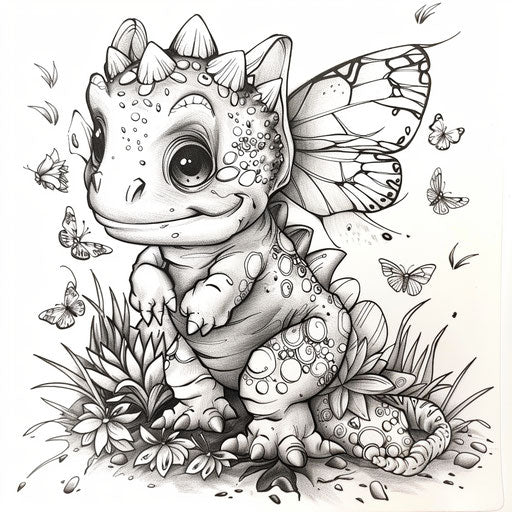 Baby dinosaur with butterflies, Jen Bartel style, coloring book page