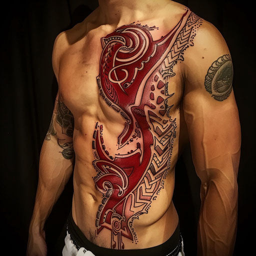 Red tattoos with tribal elements