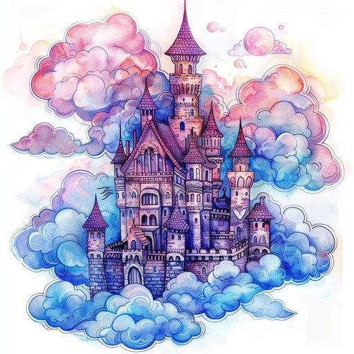 Imaginative tattooed sketch of a fantasy castle in clouds