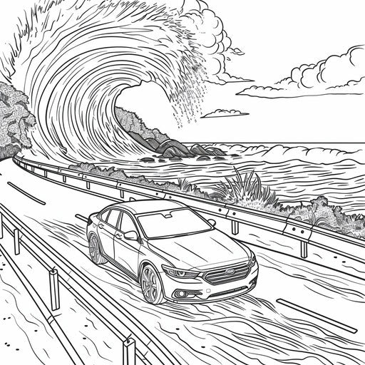 Car driving along coastal road with crashing waves