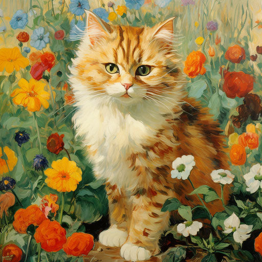 Louis Wain's cat in a flower bed with beautiful flowers