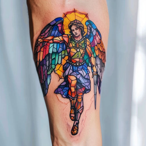 Stained glass tattoo style of Saint Michael, vibrant colors on white