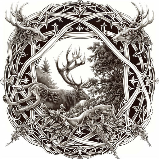 Celtic hunting tattoo design on white background