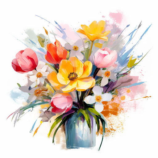 Spring flowers clipart in the style of oil painting, on white background