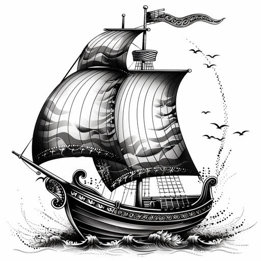 Elaborate portrayal of a Greek trireme ship sailing, stylized as a vintage tattoo on a white background.