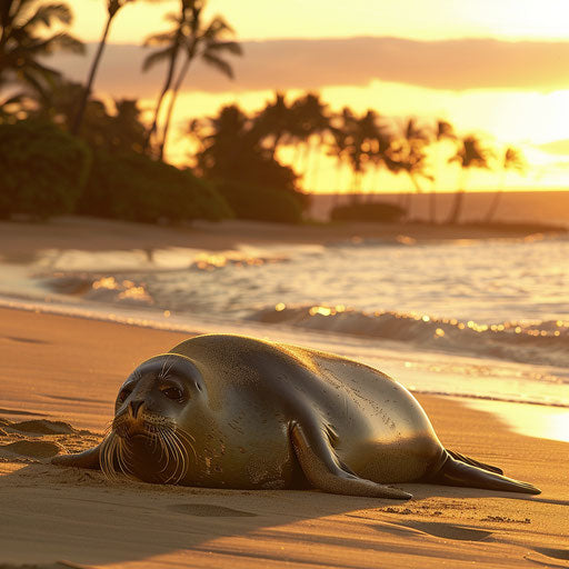 Hawaiian monk seal basking in golden sunset light on sandy beach