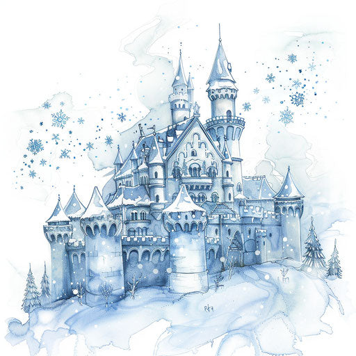 Snow-covered castle in a peaceful tattoo sketch