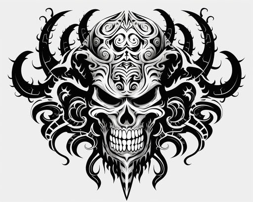 Black and white skull and crossbones logo on white background, in dayak art style