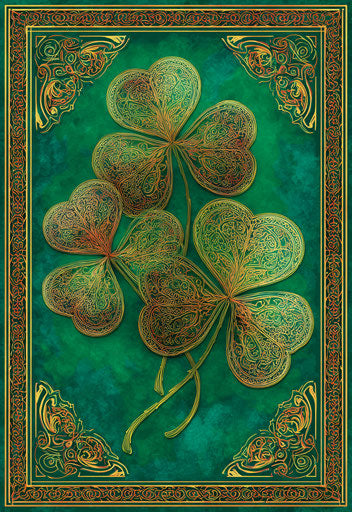 Celtic Knot Design with Clover Leaves on Emerald Background