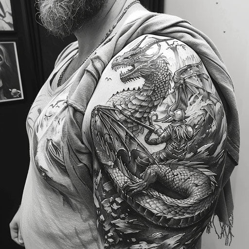 Detailed fantasy-themed shoulder tattoos for men with dragons and wizards