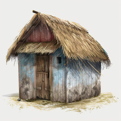Cabin illustration with flat blue background and soft focus