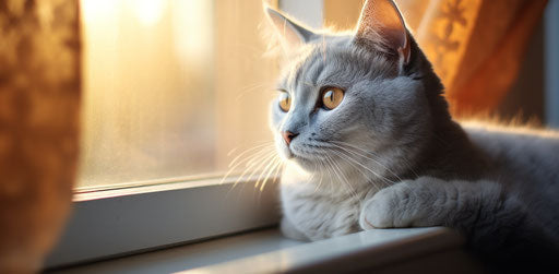 Grey cat on window sill, light purple and light orange style