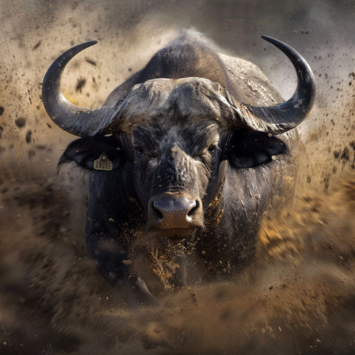 Buffalo in wild with dynamic action shot in Will Burrard-Lucas style